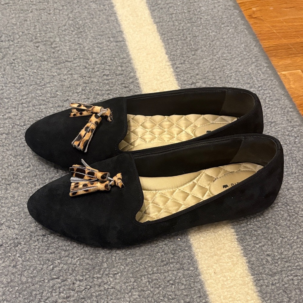 Birdies Black Flats with Animal Print Tassels